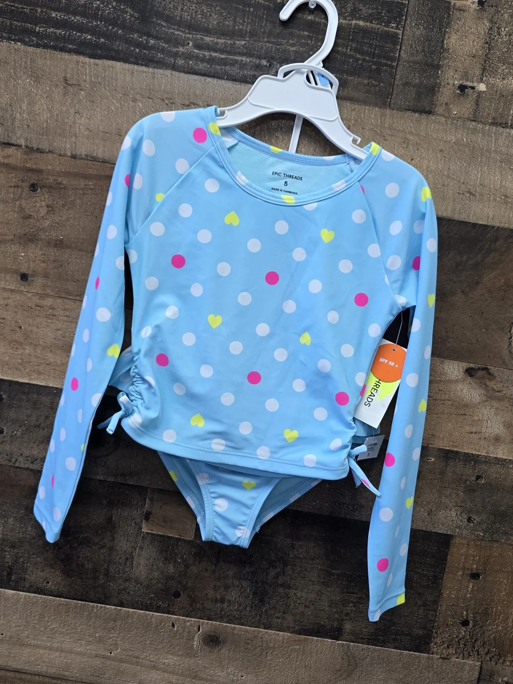 Epic Threads Girls' Blue Polka Dot Long-Sleeve Rash Guard Swim Set Size 5